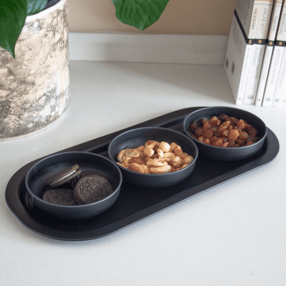 Sarkap Home 3'lü Çerezlik ve Sunumluk Tepsi Seti Gold-Siyah