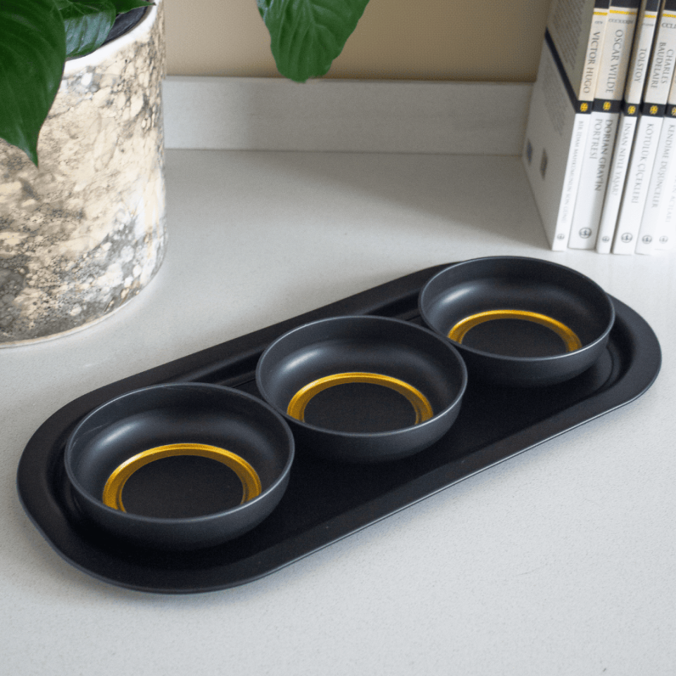 Sarkap Home 3'lü Çerezlik ve Sunumluk Tepsi Seti Gold-Siyah