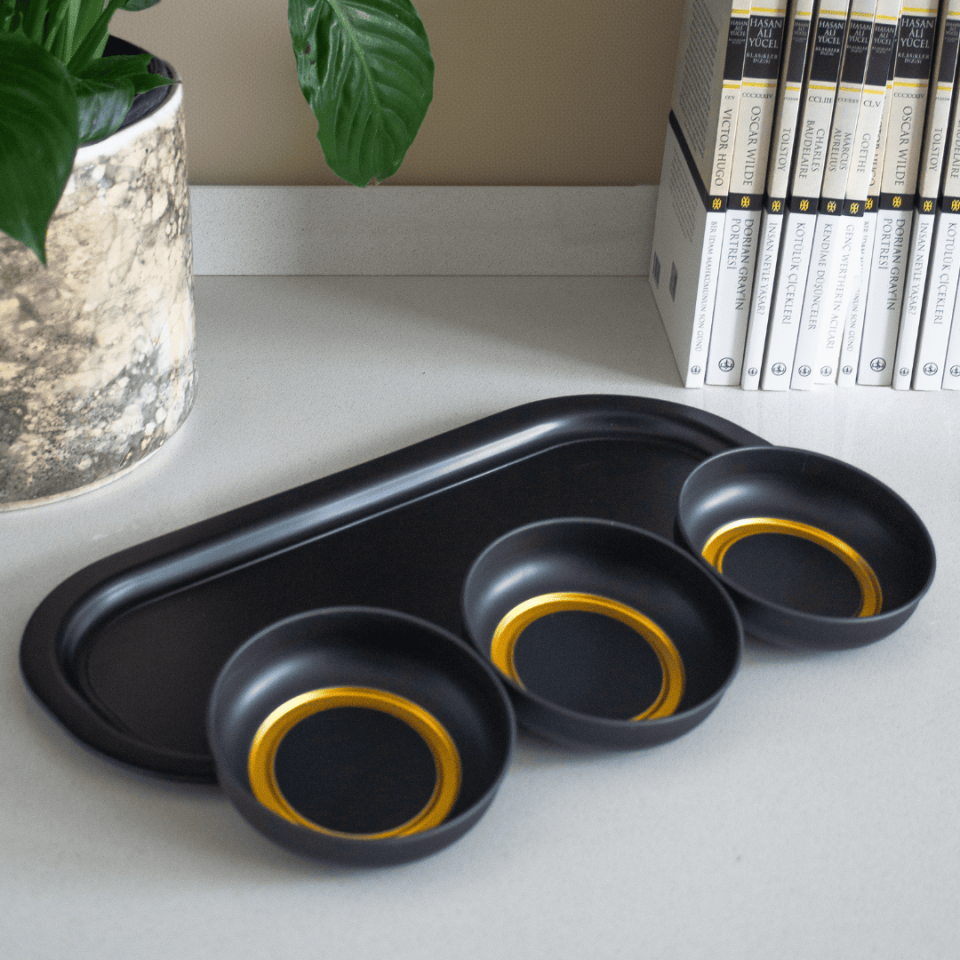 Sarkap Home 3'lü Çerezlik ve Sunumluk Tepsi Seti Gold-Siyah