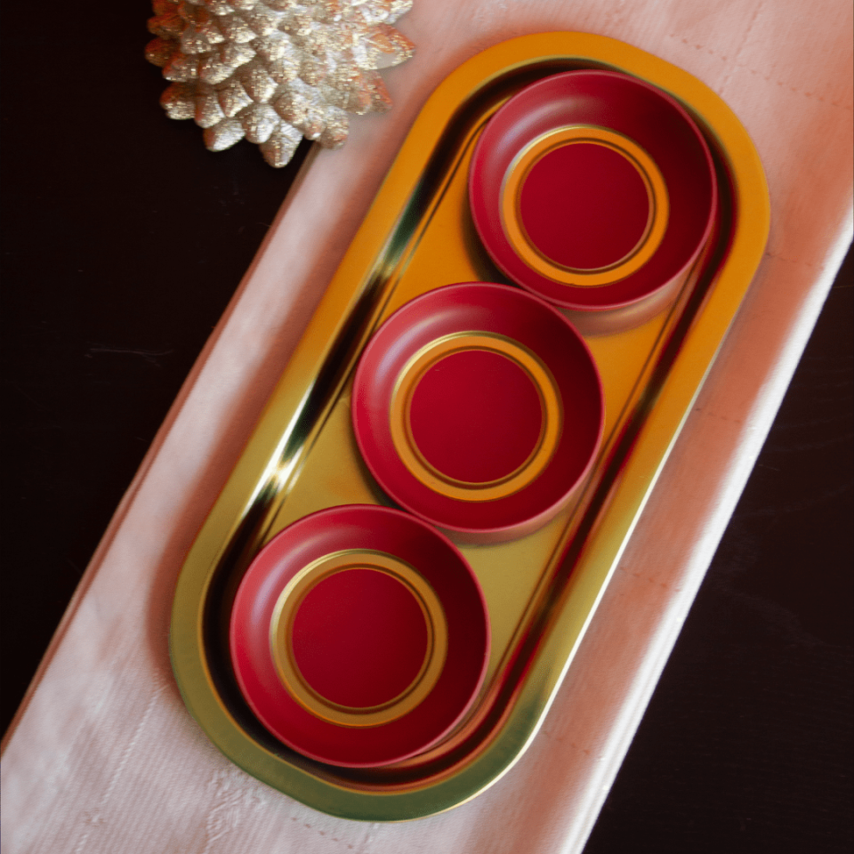 Sarkap Home 3'lü Çerezlik ve Sunumluk Tepsi Seti Kırmızı-Gold