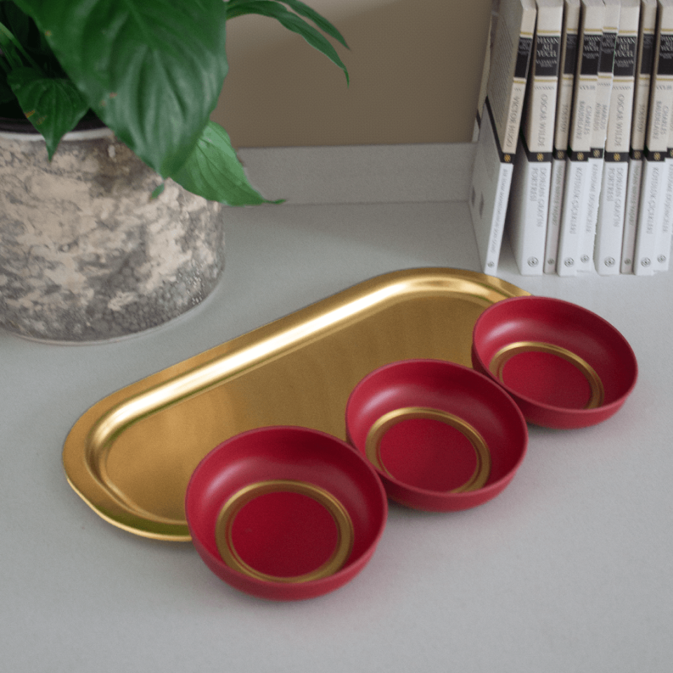 Sarkap Home 3'lü Çerezlik ve Sunumluk Tepsi Seti Kırmızı-Gold