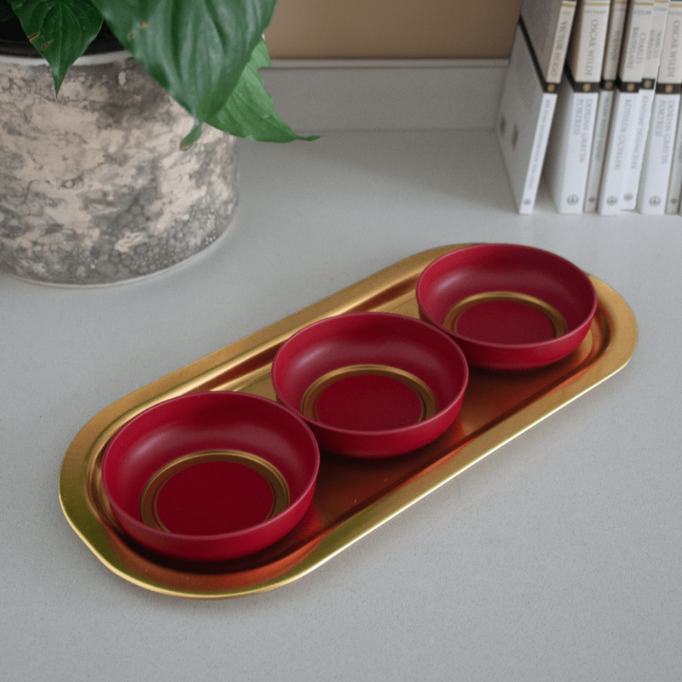 Sarkap Home 3'lü Çerezlik ve Sunumluk Tepsi Seti Kırmızı-Gold