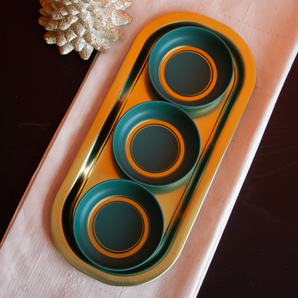 Sarkap Home 3'lü Çerezlik ve Sunumluk Tepsi Seti Yeşil-Gold