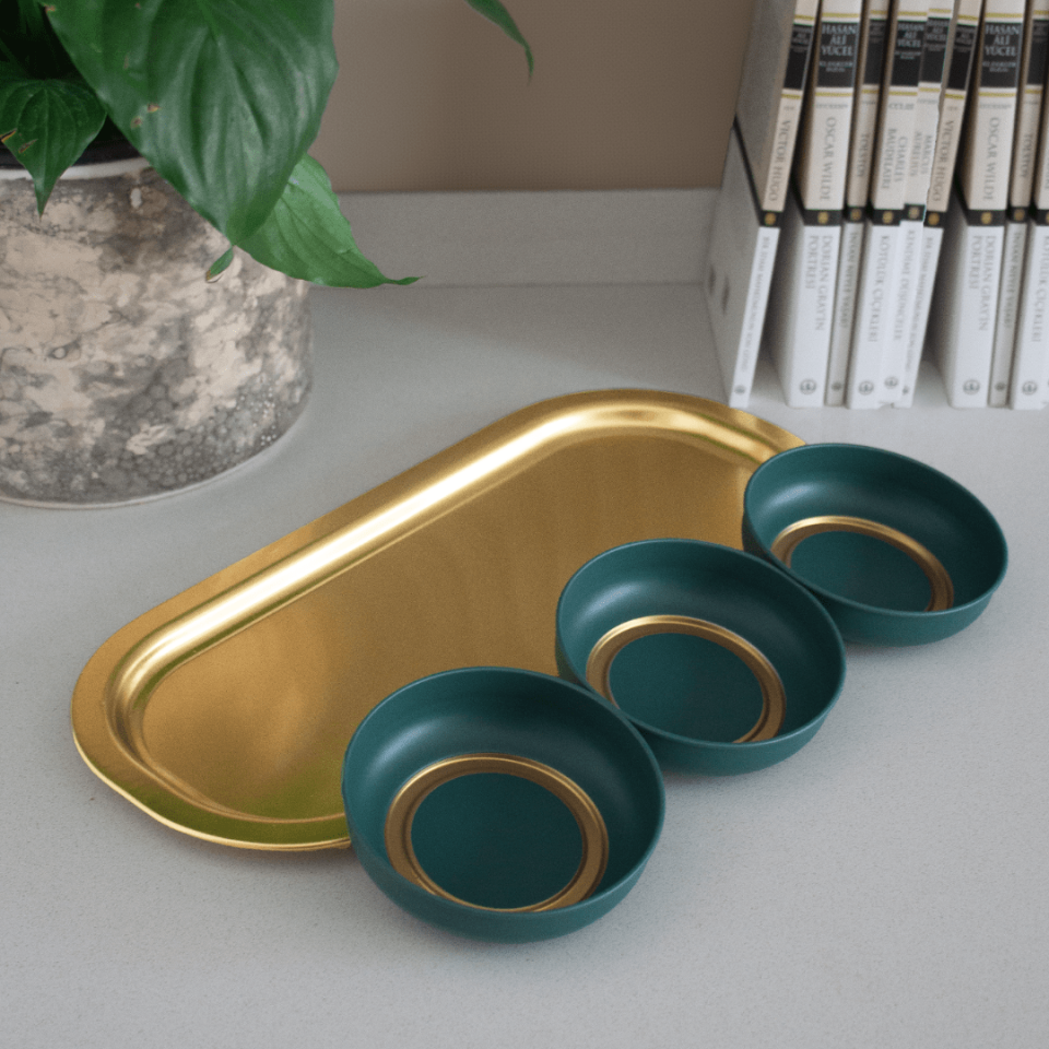 Sarkap Home 3'lü Çerezlik ve Sunumluk Tepsi Seti Yeşil-Gold