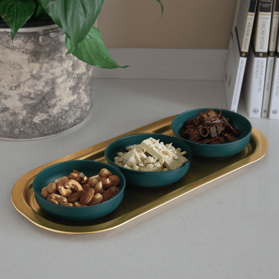 Sarkap Home 3'lü Çerezlik ve Sunumluk Tepsi Seti Yeşil-Gold