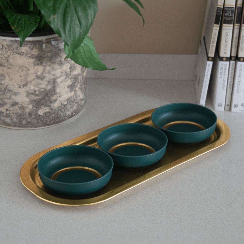 Sarkap Home 3'lü Çerezlik ve Sunumluk Tepsi Seti Yeşil-Gold