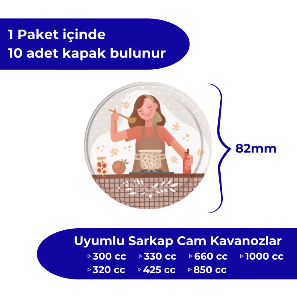 Hijyenik Paketli 10 Adet Kavanoz Kapağı Aşçı Kadın 82 mm