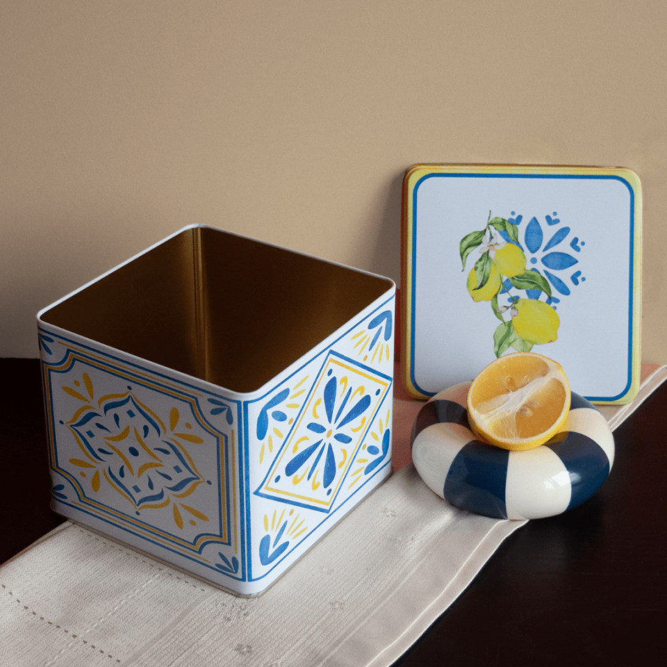 Sarkap Home Limon Desenli Kare Dekoratif Metal Saklama Kutusu