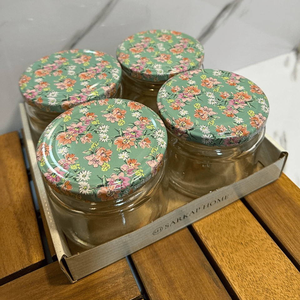 Sarkap Home 4'lü 300 ml Desenli Kapaklı Yuvarlak Cam Kavanoz KarışıkÇiçek