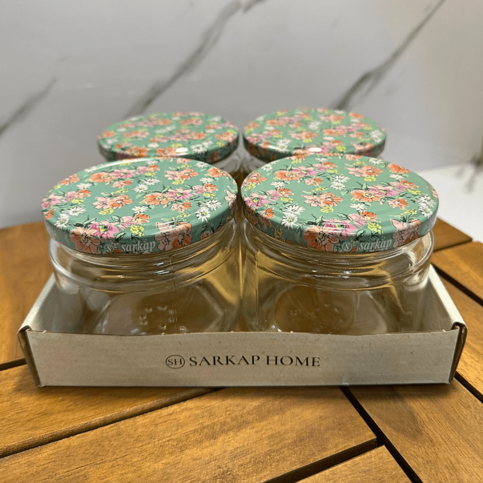 Sarkap Home 4'lü 300 ml Desenli Kapaklı Yuvarlak Cam Kavanoz KarışıkÇiçek
