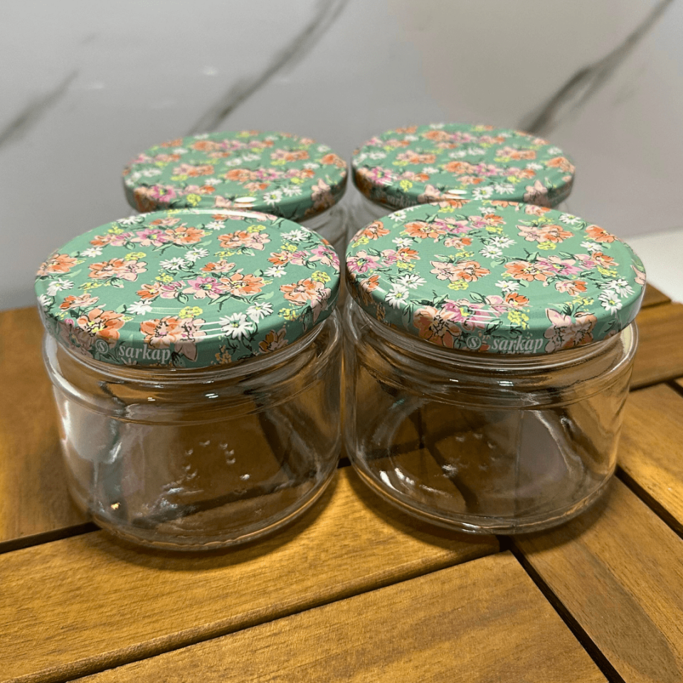 Sarkap Home 4'lü 300 ml Desenli Kapaklı Yuvarlak Cam Kavanoz KarışıkÇiçek