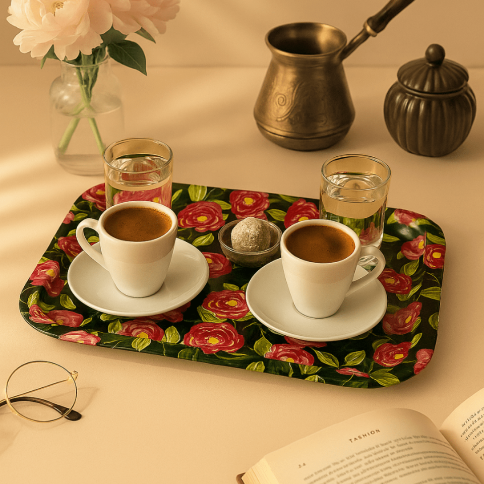 Çiçek Desenli Sunumluk Metal Tepsi Yeşil