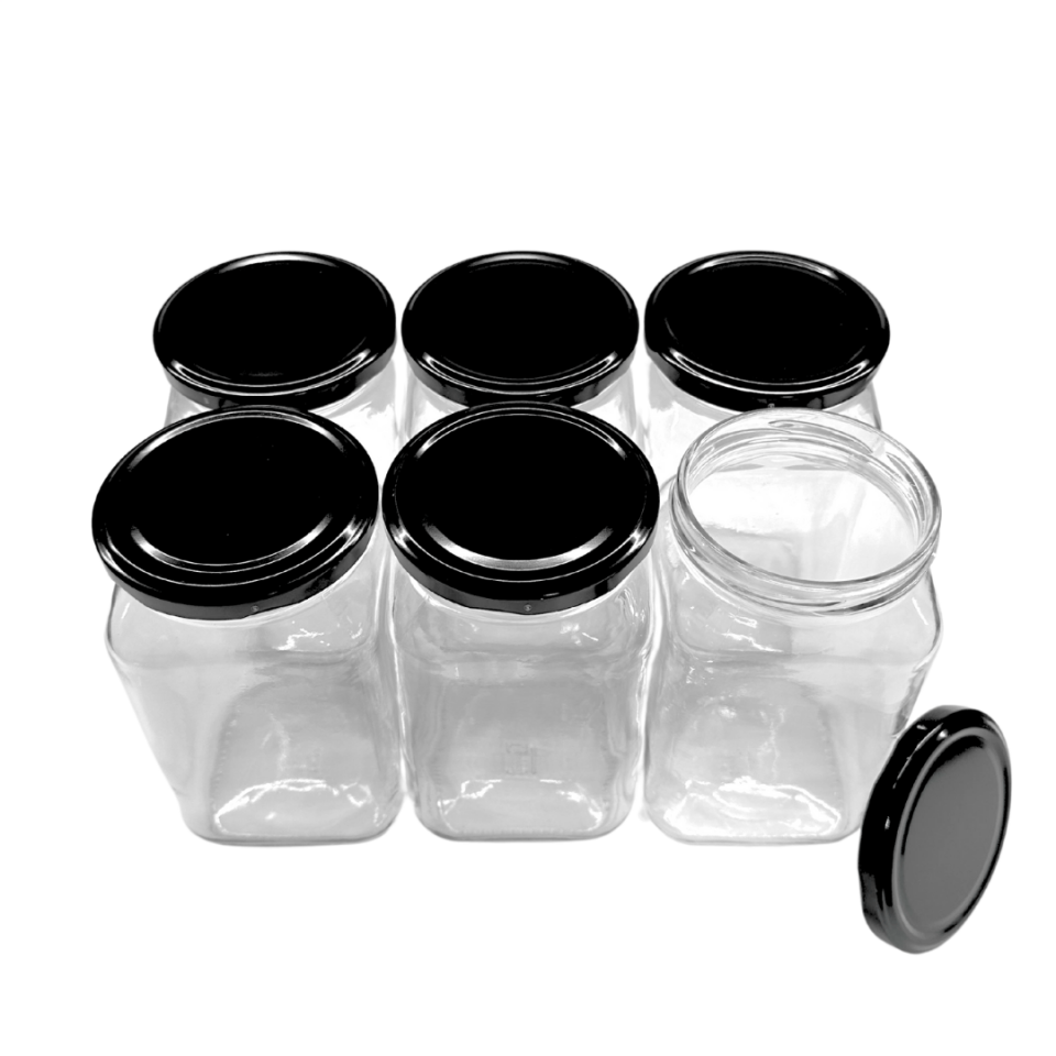 Sarkap Home 6'lı 850 ml Köşeli Cam Kavanoz Seti - Siyah Kapaklı