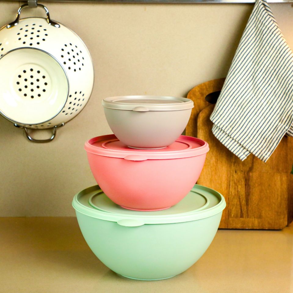 Sarkap Home 3 Boy Plastik Kapaklı Yuvarlak Saklama Kabı Seti Yeşil,Pembe,Gri