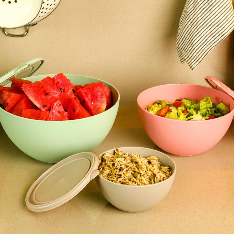 Sarkap Home 3 Boy Plastik Kapaklı Yuvarlak Saklama Kabı Seti Yeşil,Pembe,Gri