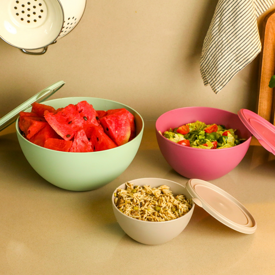 Sarkap Home 3 Boy Plastik Kapaklı Yuvarlak Saklama Kabı Seti Yeşil,Fuşya,Gri