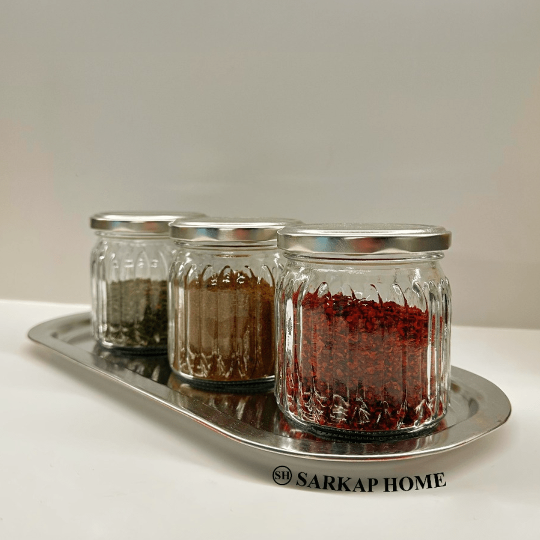 Sarkap Home 3'lü 380 cc Kavanoz ve Tepsi Seti - Silver