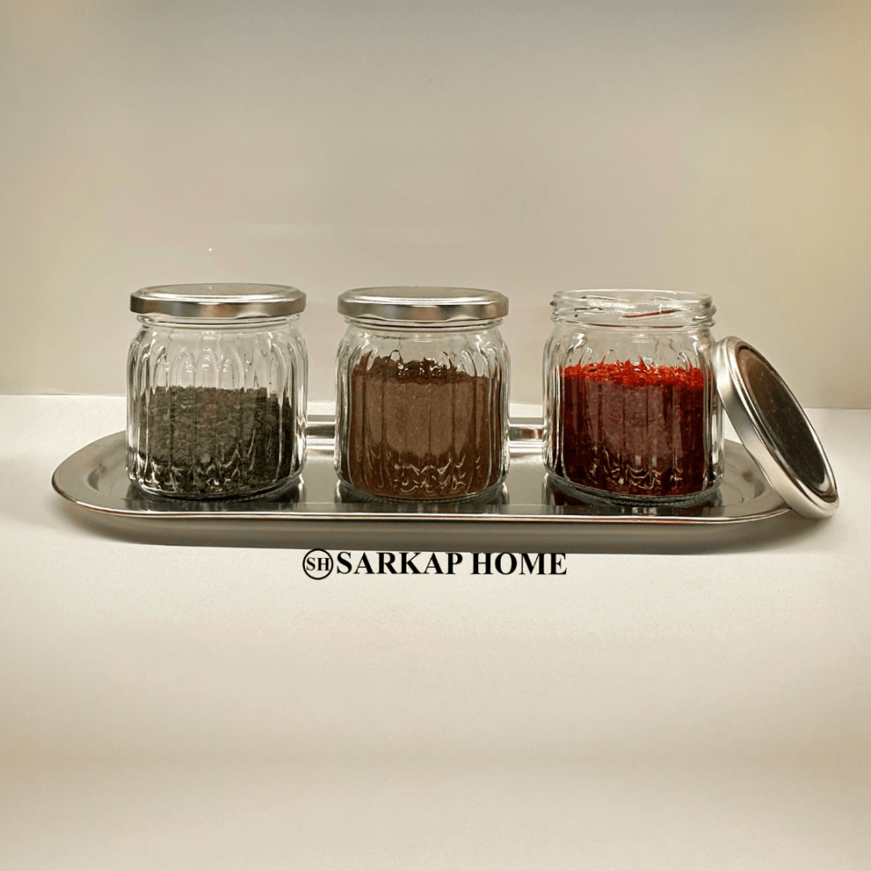 Sarkap Home 3'lü 380 cc Kavanoz ve Tepsi Seti - Silver