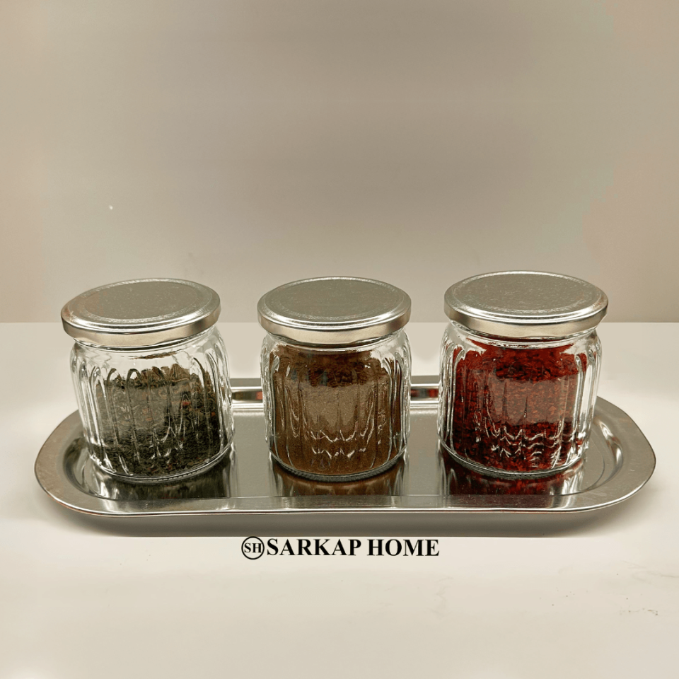 Sarkap Home 3'lü 380 cc Kavanoz ve Tepsi Seti - Silver