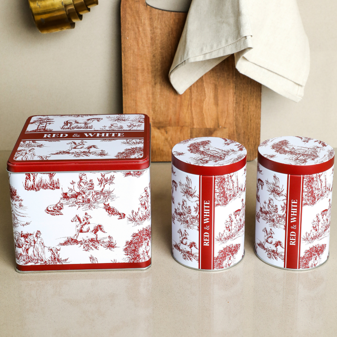 Sarkap Home White Seri 3'lü Set 2'li Metal Saklama Kabı, Köşeli Metal Kutu Kırmızı