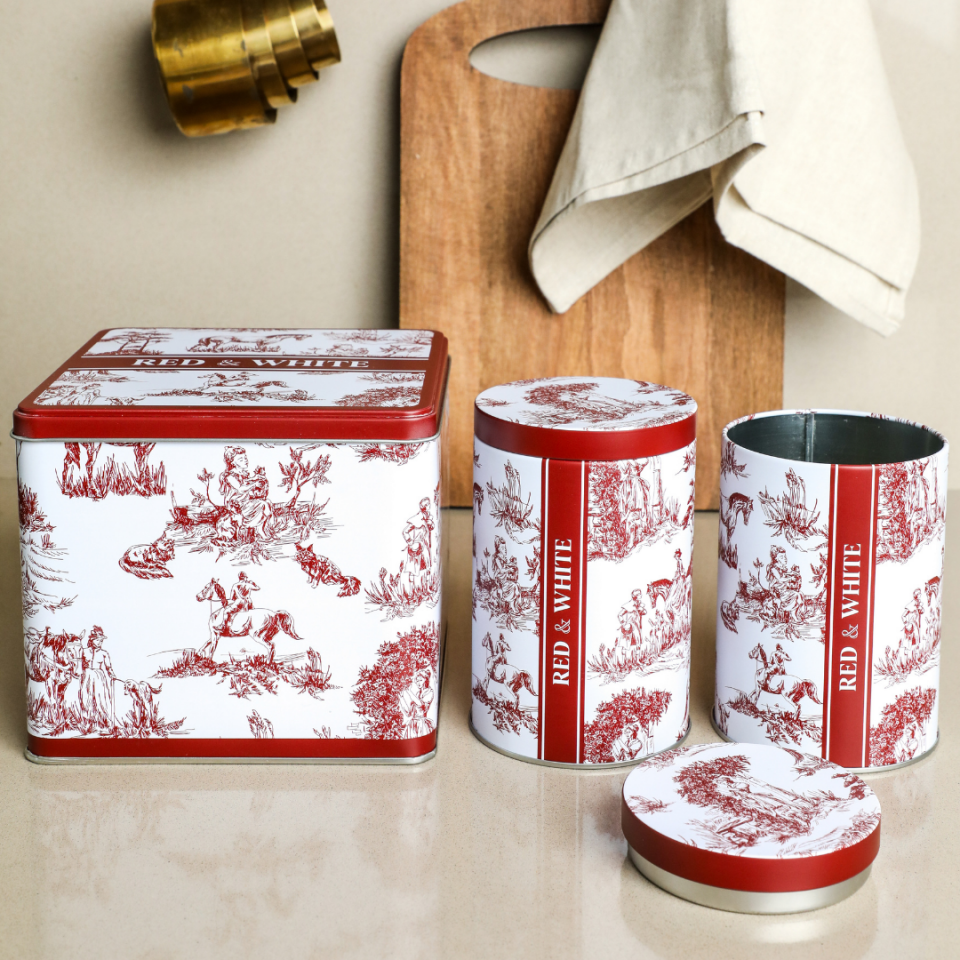 Sarkap Home White Seri 3'lü Set 2'li Metal Saklama Kabı, Köşeli Metal Kutu Kırmızı