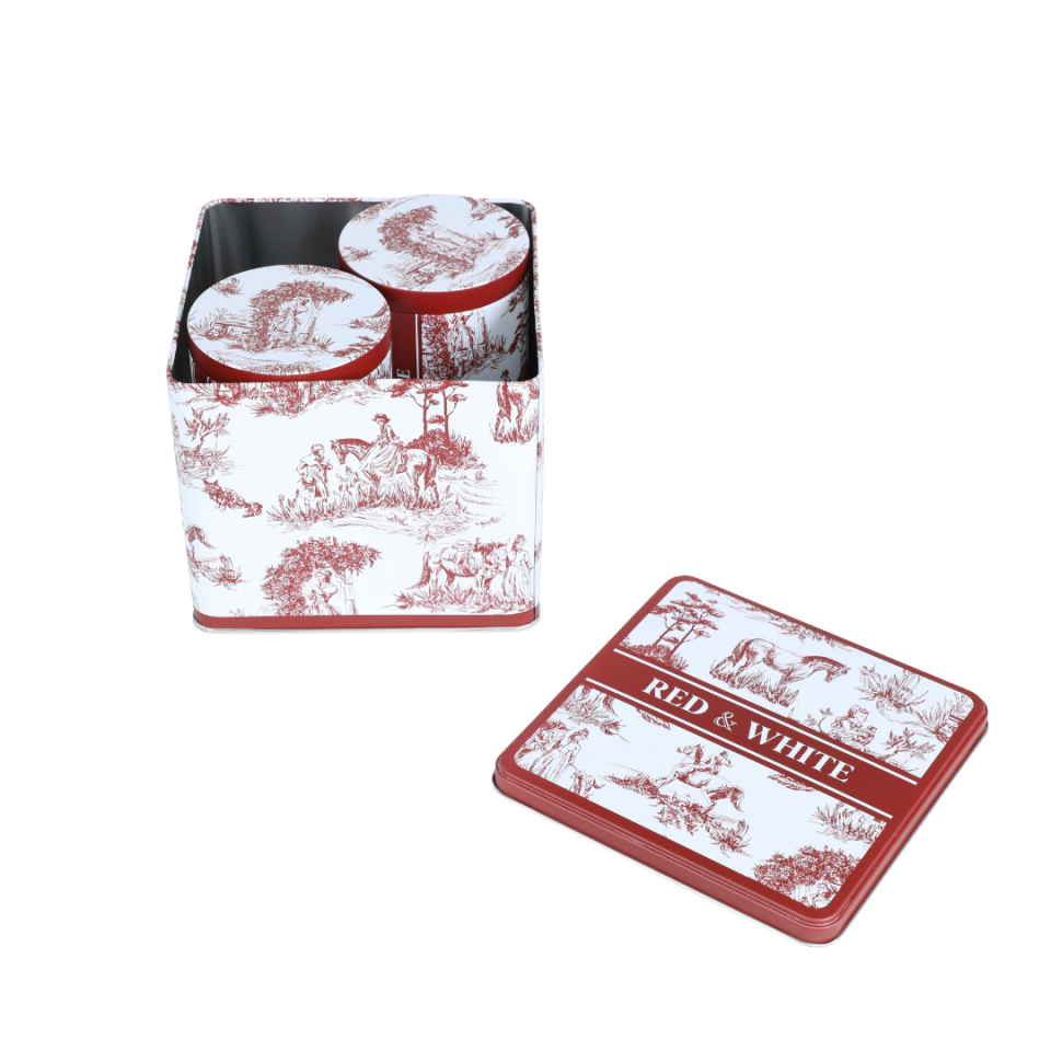 Sarkap Home White Seri 3'lü Set 2'li Metal Saklama Kabı, Köşeli Metal Kutu Kırmızı