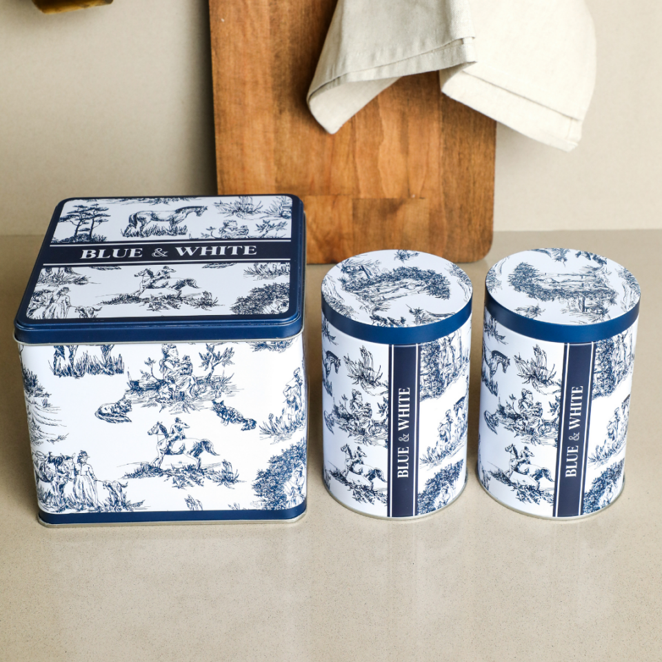 Sarkap Home White Seri 3'lü Set 2'li Metal Saklama Kabı, Köşeli Metal Kutu Mavi
