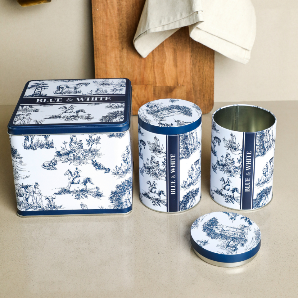 Sarkap Home White Seri 3'lü Set 2'li Metal Saklama Kabı, Köşeli Metal Kutu Mavi
