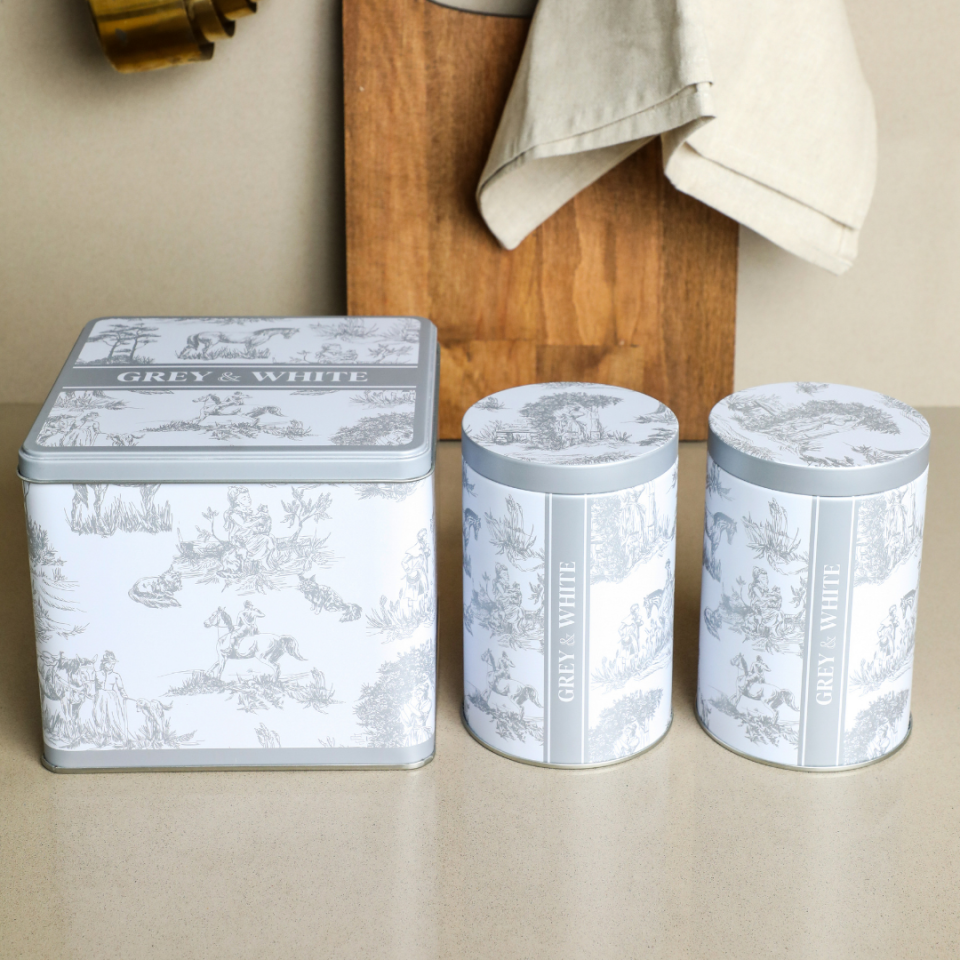 Sarkap Home White Seri 3'lü Set 2'li Metal Saklama Kabı, Köşeli Metal Kutu Gri