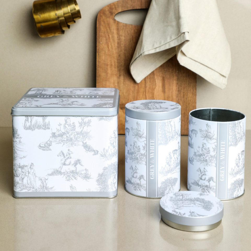 Sarkap Home White Seri 3'lü Set 2'li Metal Saklama Kabı, Köşeli Metal Kutu Gri