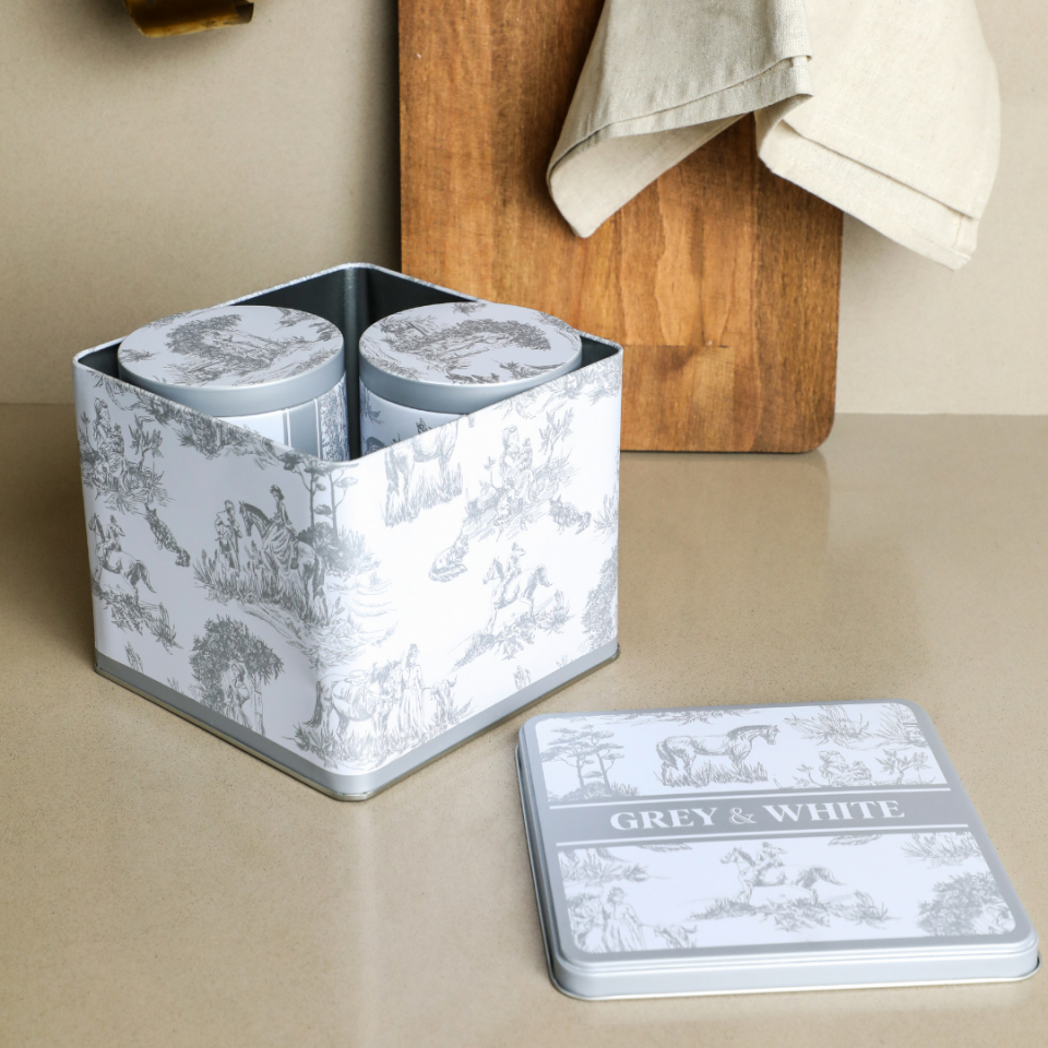 Sarkap Home White Seri 3'lü Set 2'li Metal Saklama Kabı, Köşeli Metal Kutu Gri