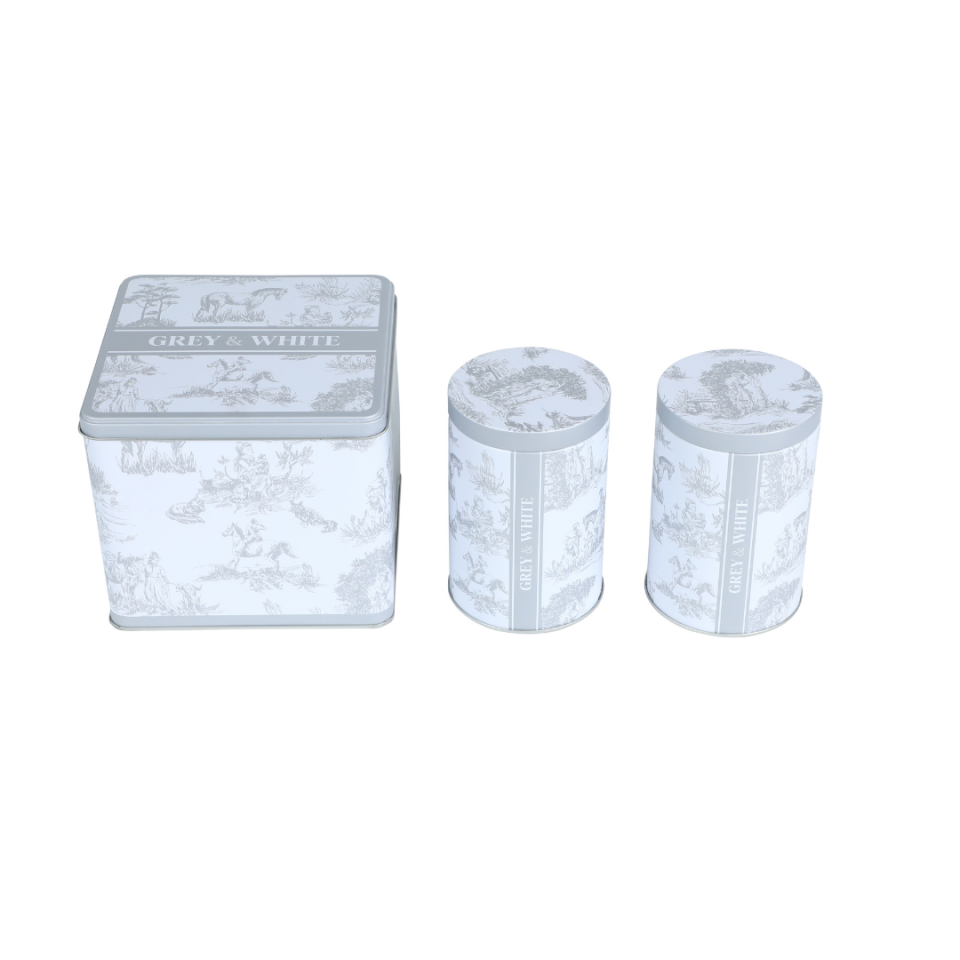 Sarkap Home White Seri 3'lü Set 2'li Metal Saklama Kabı, Köşeli Metal Kutu Gri