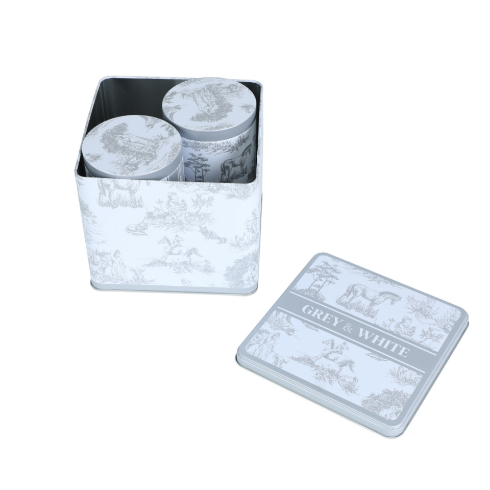 Sarkap Home White Seri 3'lü Set 2'li Metal Saklama Kabı, Köşeli Metal Kutu Gri