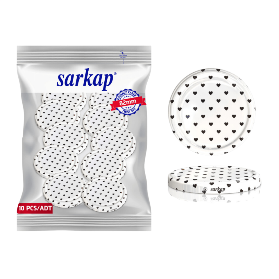 Hijyenik Paketli 10 Adet Kavanoz Kapağı Kalpli Desenler 82 mm BeyazKalpSiyah