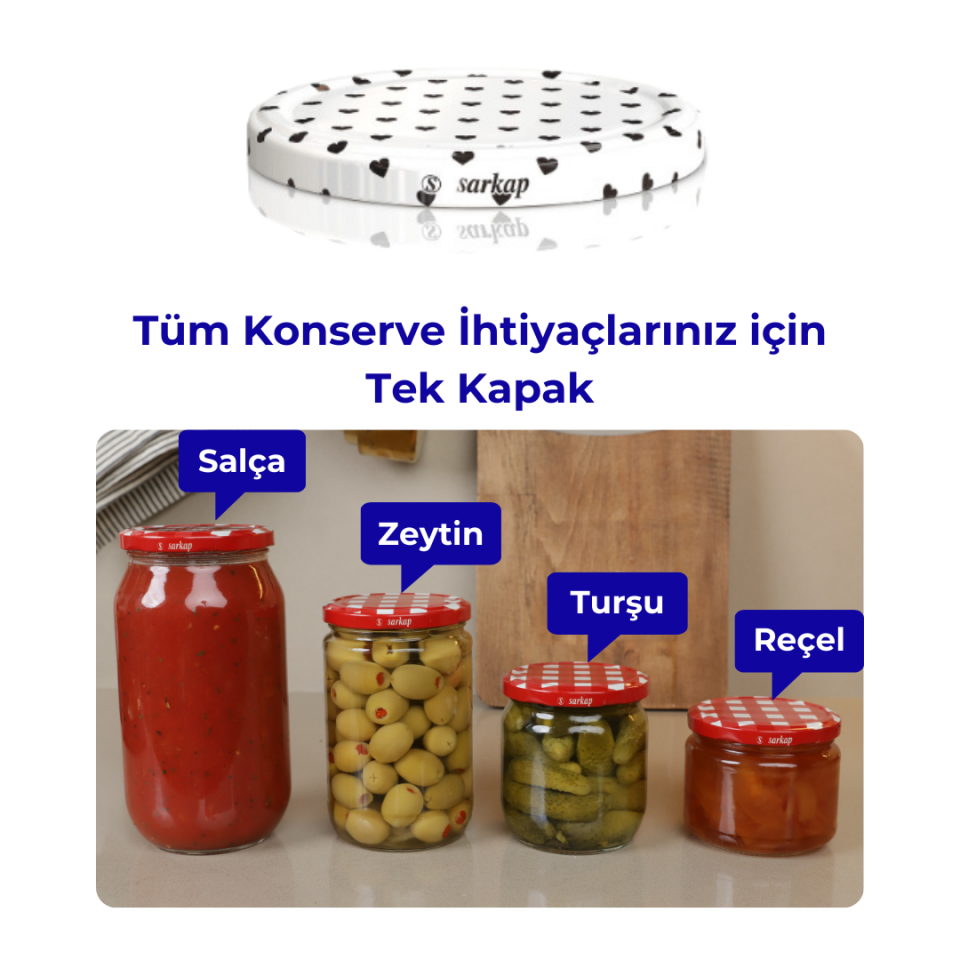 Hijyenik Paketli 10 Adet Kavanoz Kapağı Kalpli Desenler 82 mm BeyazKalpSiyah