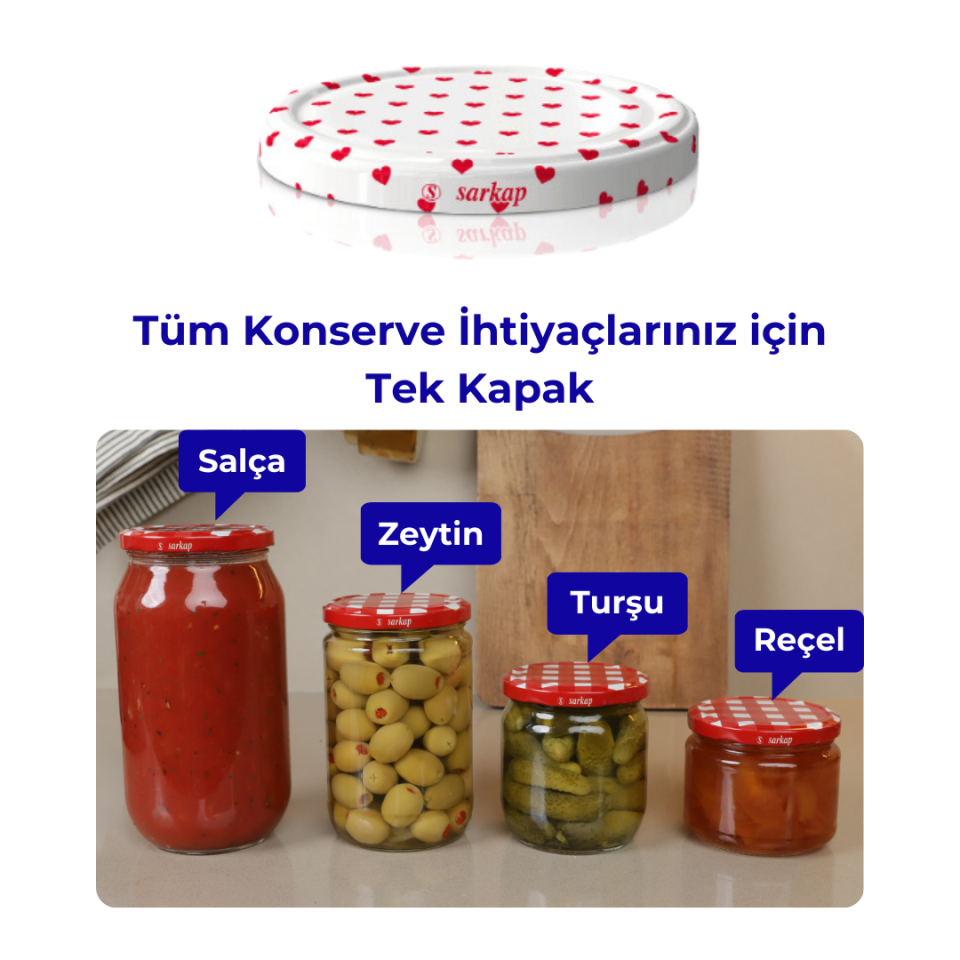 Hijyenik Paketli 10 Adet Kavanoz Kapağı Kalpli Desenler 82 mm BeyazKalpKırmızı