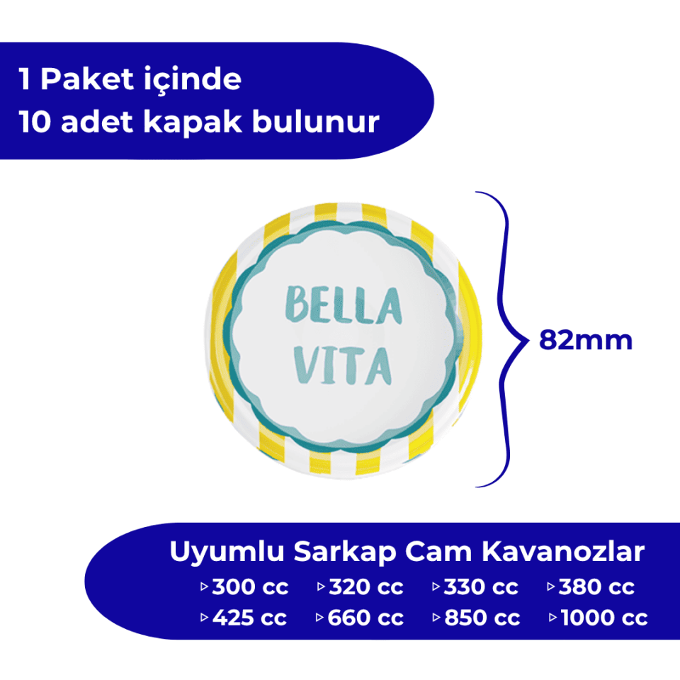 Hijyenik Paketli 10 Adet Kavanoz Kapağı 82 mm Dolce Vita Desenler BellaVitaSarı