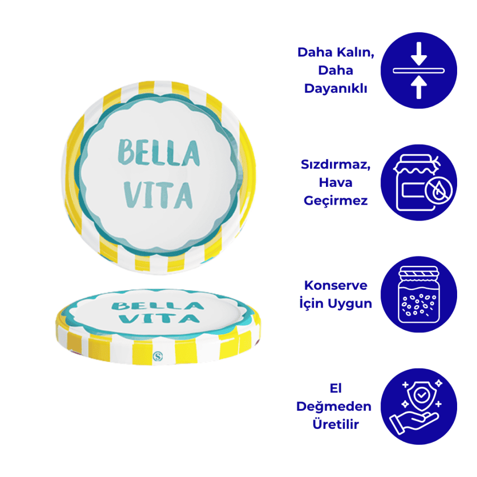 Hijyenik Paketli 10 Adet Kavanoz Kapağı 82 mm Dolce Vita Desenler BellaVitaSarı