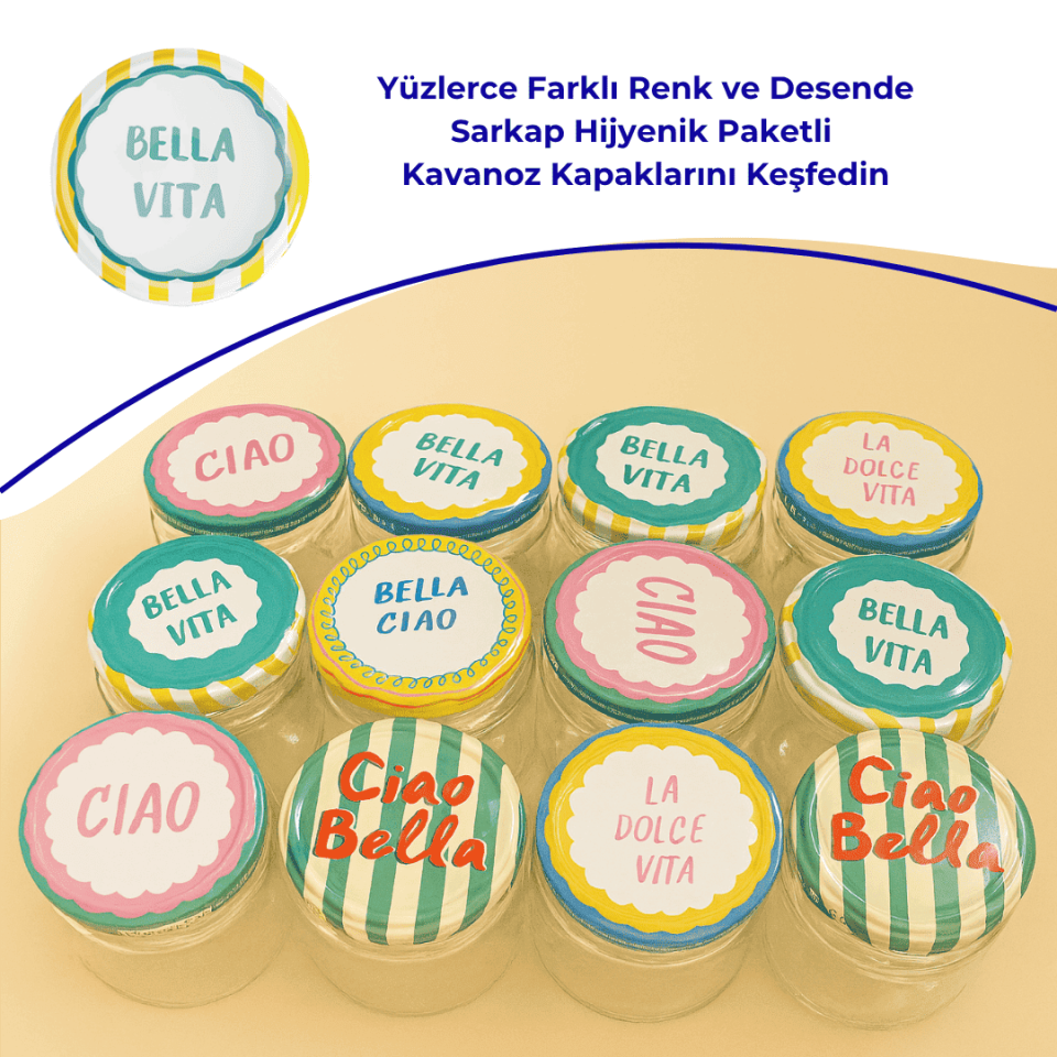 Hijyenik Paketli 10 Adet Kavanoz Kapağı 82 mm Dolce Vita Desenler BellaVitaSarı