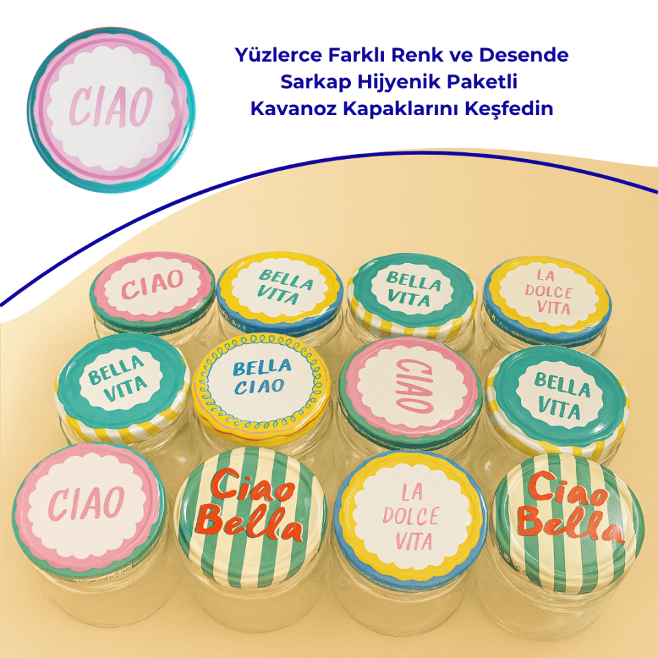 Hijyenik Paketli 10 Adet Kavanoz Kapağı 82 mm Dolce Vita Desenler CiaoPembe