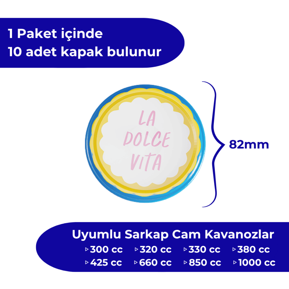 Hijyenik Paketli 10 Adet Kavanoz Kapağı 82 mm Dolce Vita Desenler LaDolceVitaSarı&Mavi
