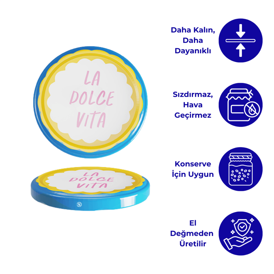 Hijyenik Paketli 10 Adet Kavanoz Kapağı 82 mm Dolce Vita Desenler LaDolceVitaSarı&Mavi