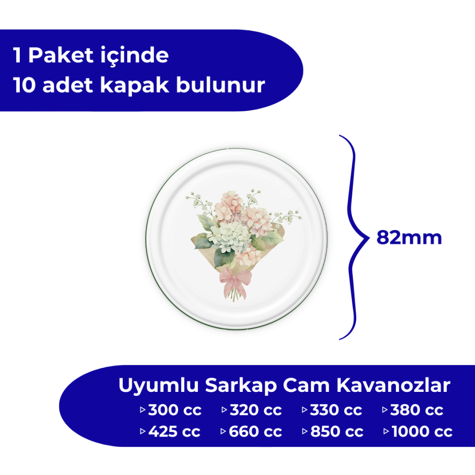 Hijyenik Paketli 10 Adet Kavanoz Kapağı Çiçek Desenler 82 mm YeşilBuket