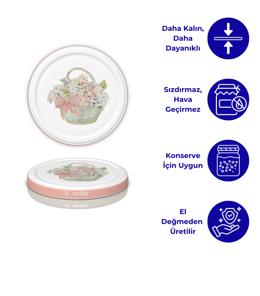 Hijyenik Paketli 10 Adet Kavanoz Kapağı Çiçek Desenler 82 mm PembeBuket