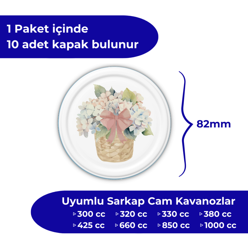 Hijyenik Paketli 10 Adet Kavanoz Kapağı Çiçek Desenler 82 mm MaviBuket