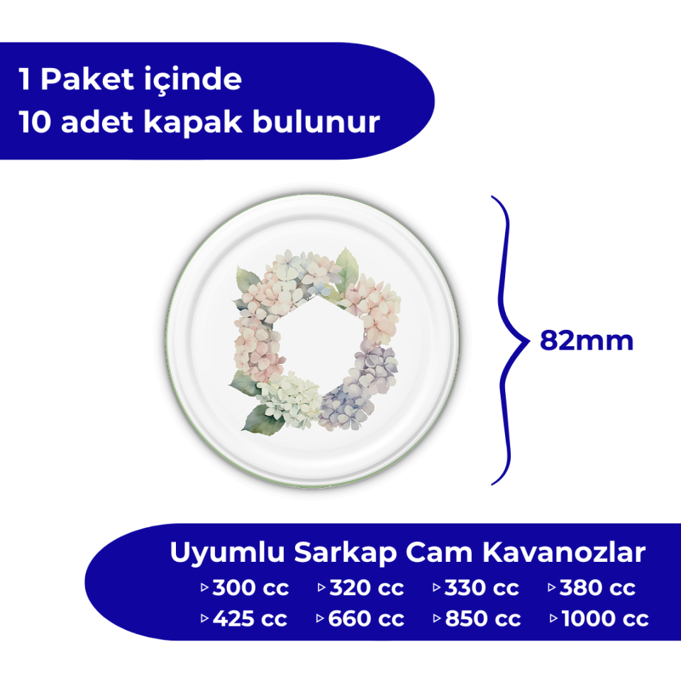 Hijyenik Paketli 10 Adet Kavanoz Kapağı Çiçek Desenler 82 mm YeşilÇember