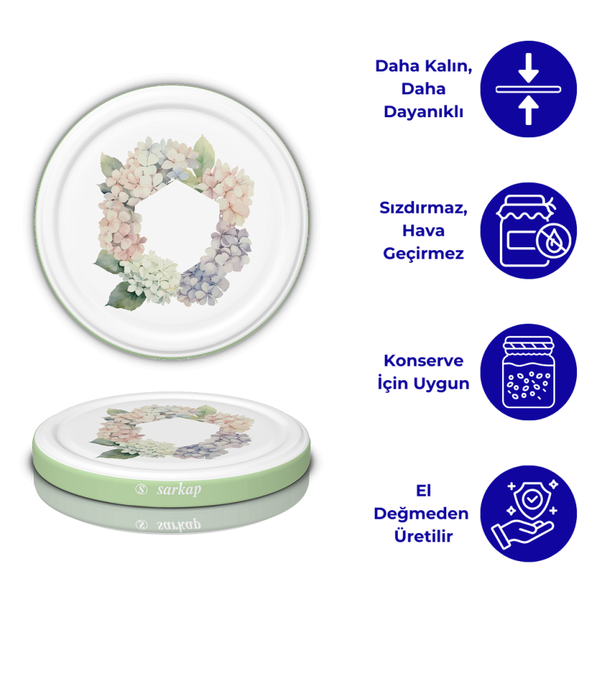 Hijyenik Paketli 10 Adet Kavanoz Kapağı Çiçek Desenler 82 mm YeşilÇember