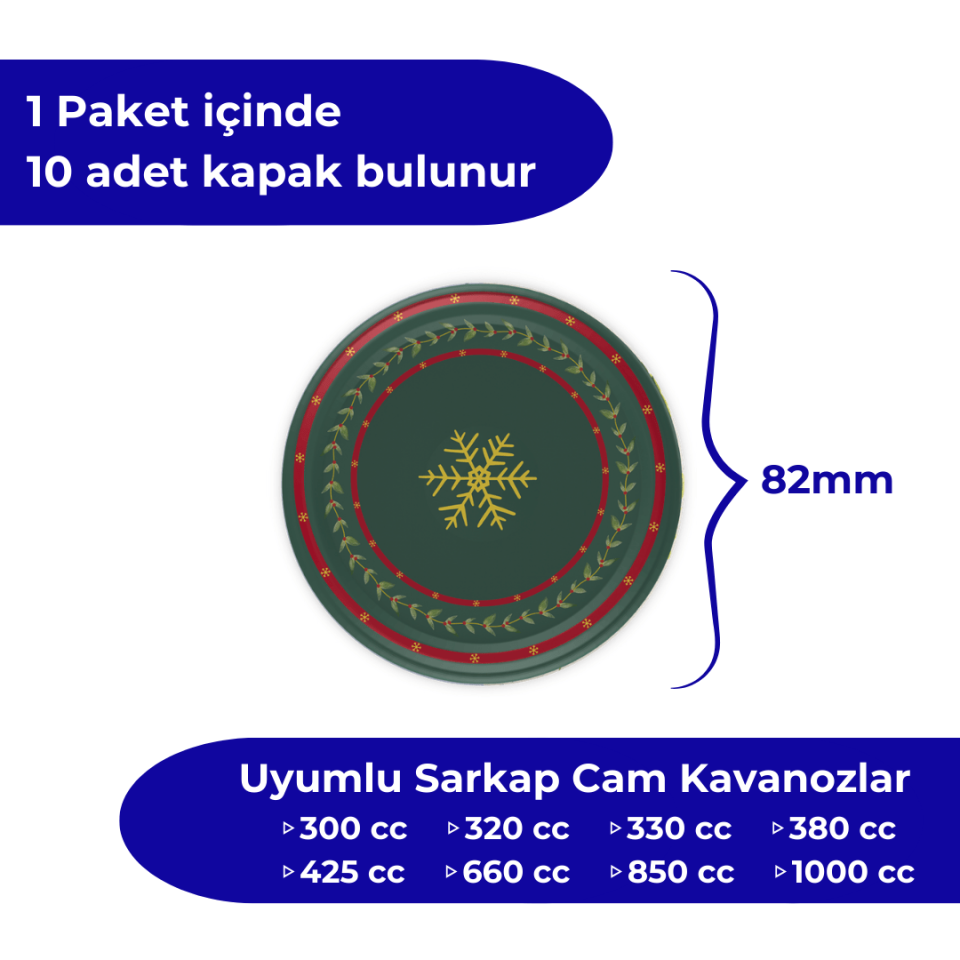 Hijyenik Paketli 10 Adet Kavanoz Kapağı Yeni Yıl Serisi 82 mm WishesYeşil