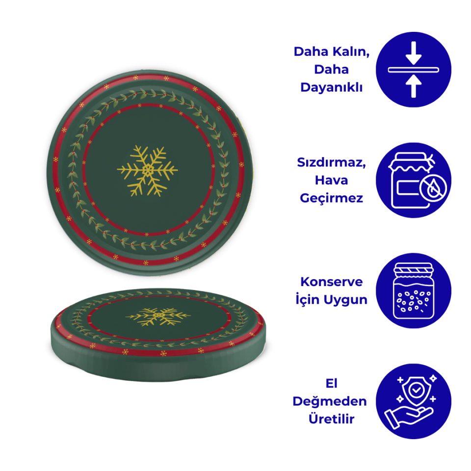 Hijyenik Paketli 10 Adet Kavanoz Kapağı Yeni Yıl Serisi 82 mm WishesYeşil