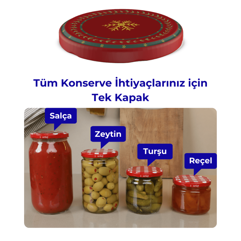 Hijyenik Paketli 10 Adet Kavanoz Kapağı Yeni Yıl Serisi 82 mm WishesKırmızı